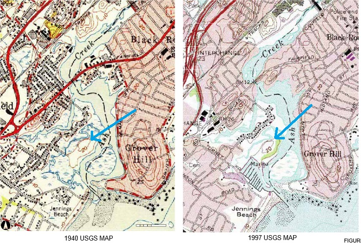1940 and 1997 USGS Map showing location of first manned, powered flight by Gustave Whitehead